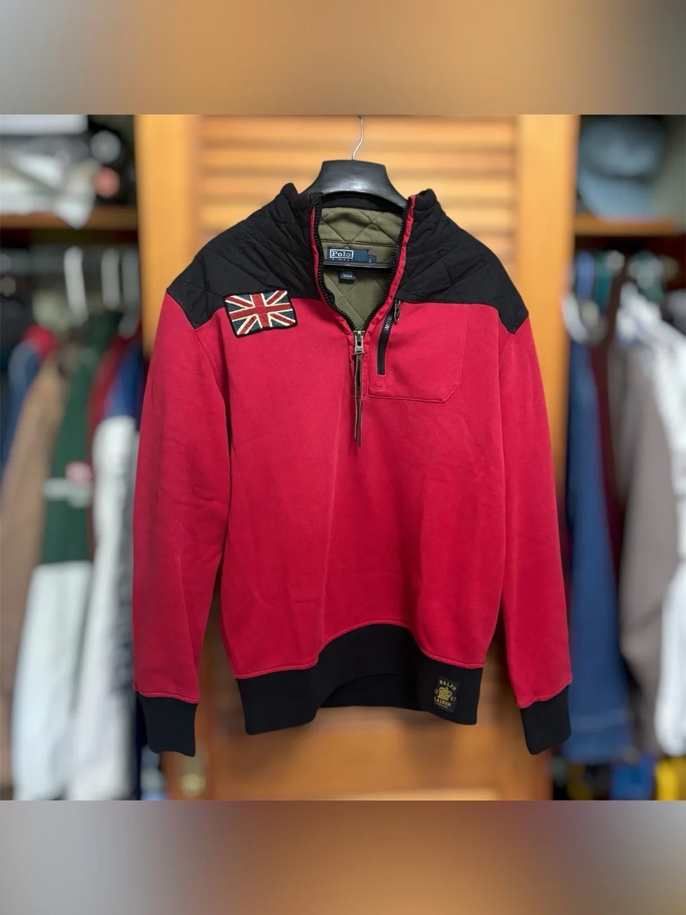 Polo Ralph Lauren Red Black Great Britain 1/4 Zip Pullover Jacket Coat Large